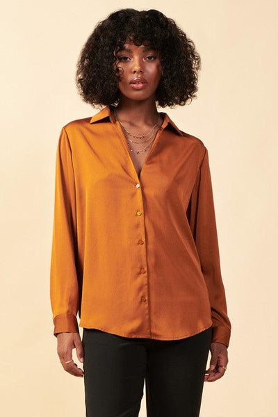 Toffee Satin Button Down Shirt - Waverly Paige Boutique