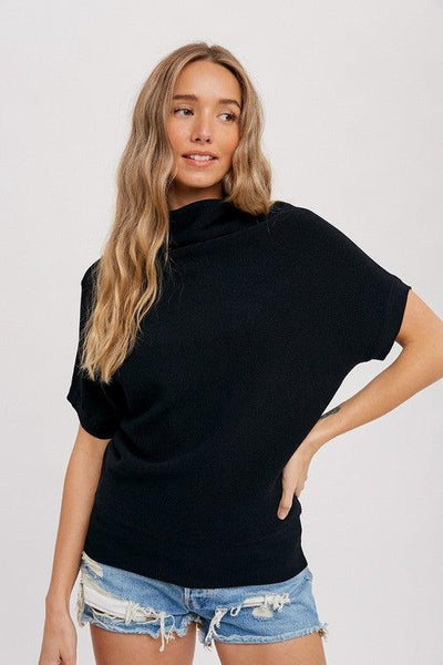 Short Sleeve Slouch Neck Dolman Pullover in Black - Waverly Paige Boutique