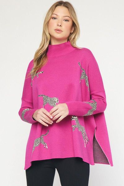 Cheetah Turtleneck Sweater in Hot Pink - Waverly Paige Boutique