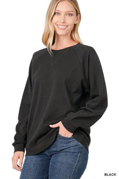 Cotton Raglan Sleeve Round Neck Sweatshirt in Black - Waverly Paige Boutique