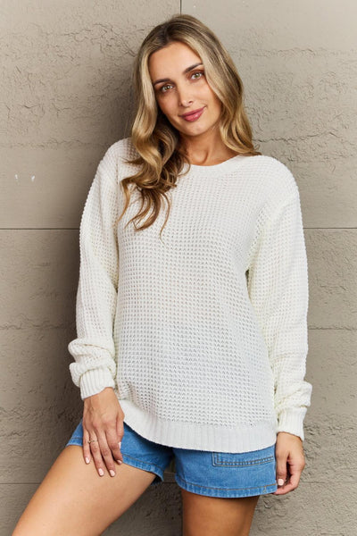 Zenana Cozy Season High Low Waffle Sweater Pullover in Ivory - Waverly Paige Boutique
