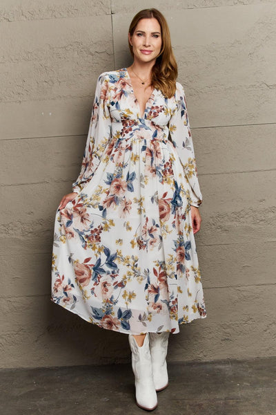 OneTheLand Good Day Chiffon Floral Midi Dress - Waverly Paige Boutique