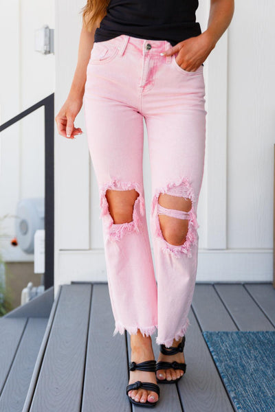 Babs Distressed Straight Jeans in Pink - Waverly Paige Boutique