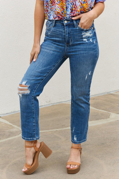Judy Blue Theresa Full Size High Waisted Ankle Distressed Straight Jeans - Waverly Paige Boutique