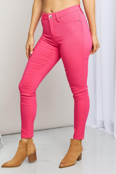 YMI Jeanswear Kate Hyper-Stretch Full Size Mid-Rise Skinny Jeans in Fiery Coral - Waverly Paige Boutique