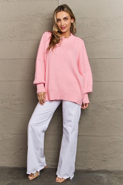 Zenana Comfort Awaits Slouchy Side Slit Sweater in Pink - Waverly Paige Boutique
